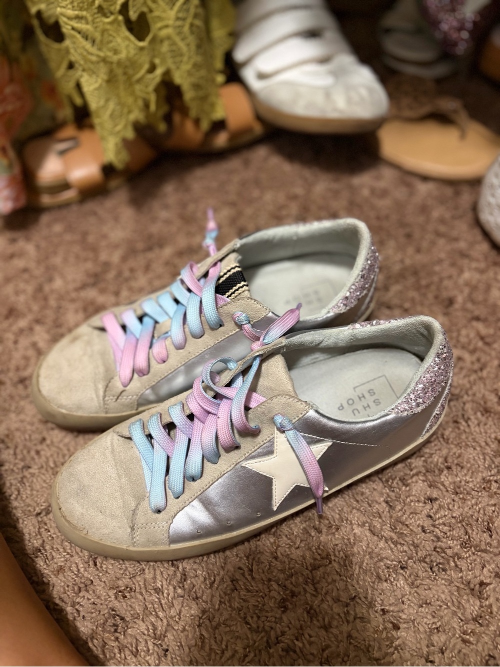 ShuShop Rainbow Lace-Up Sneakers with Silver Star and Pink Glitter Heel